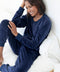 Dark marine blue velour crewneck lounge set, crew collar and tapered cuffs