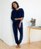 Full-length dark marine blue velour lounge set with crewneck top and jogger pants