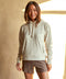 Women’s oatmeal heather hoodie, front view with drawstring hood and kangaroo pocket