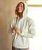 Oatmeal heather pullover hoodie with drawstring hood and ribbed cuffs