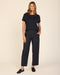 Washed black utility pants, mid-rise cropped wide leg with front button and side pockets