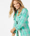 Sea green plaid blanket shirt with button front and flap chest pockets, worn open