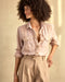 Women’s blanket shirt in light lilac plaid, button-front with flap chest pockets