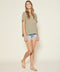 Women's V-neck short-sleeve top in olive, relaxed drape