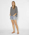 Outerworn Folk top: speckled button-front tunic, quarter sleeves, V-neck.