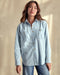 A woman wearing a blue chambray utility shirt with chest pockets and button closure, paired with high-waisted blue jeans.