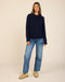 Navy crewneck knit sweater with ribbed cuffs and hem, full-body view