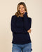 Navy knit crewneck sweater with ribbed cuffs and straight hem