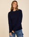 Navy crewneck knit sweater with ribbed cuffs and hem, angled view