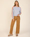 Heather grey crewneck sweater with rainbow stripe sleeves, long sleeves
