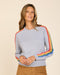 Heather grey crewneck sweater with rainbow striped sleeves and colorful cuffs
