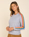 Heather grey crewneck sweater with rainbow stripe bands on sleeves