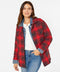 Red-and-black plaid shirt jacket with button front, stand collar, and chest pocket flaps