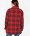 Red-and-black plaid shirt jacket back view with full-length sleeves and button closure