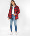 Red-and-black plaid shirt jacket with button front, stand collar, and two chest pockets