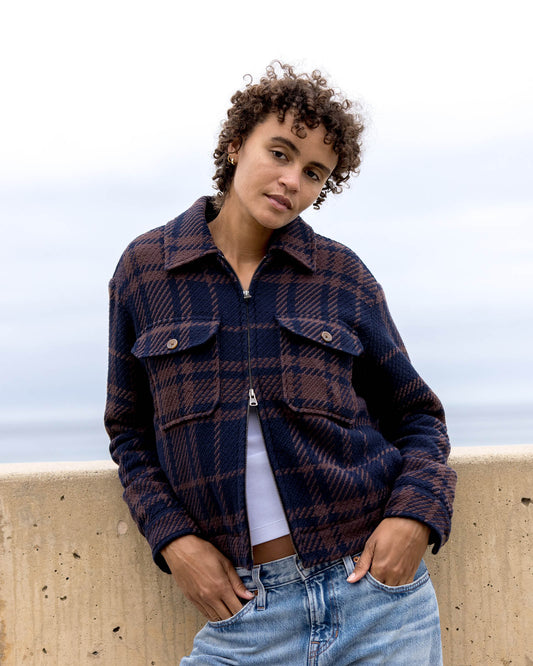 Person wearing a plaid jacket and jeans standing against a plain background