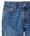 Blue slim selvedge jeans close-up, waistband, button fly, coin pocket