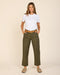 Deep olive utility pants with belt loops, front pockets, and relaxed straight legs