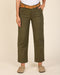 Deep olive utility pants, cropped straight-leg fit with side and back button pockets