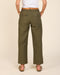 Deep olive utility pants with back yoke, flap pockets, and stitched seams