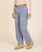 Light blue corduroy pants with relaxed straight legs and front patch pockets