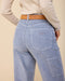 Light blue corduroy pants with rear patch pocket, side cargo pocket, and belt loops