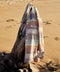 Outerworn blanket shirt on model, multicolor stripe plaid, long sleeves, button front