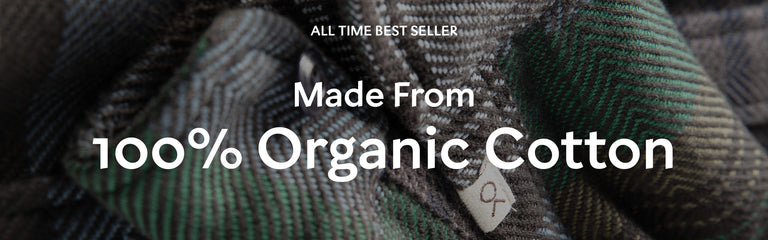 Text on fabric indicating '100% Organic Cotton' and 'All Time Best Seller'.
