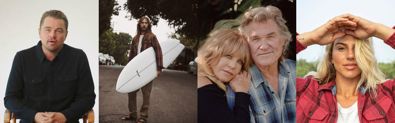 Collage of four celebrities wearing a blanket shirt