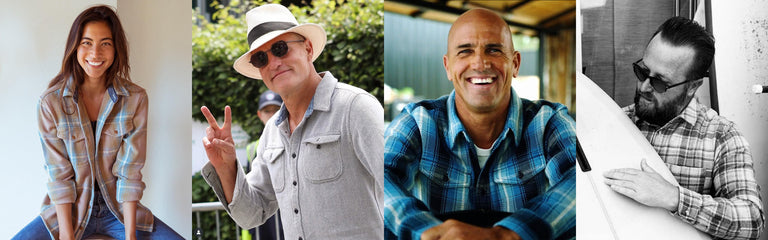 Four individuals in different settings, all wearing the blanket shirt