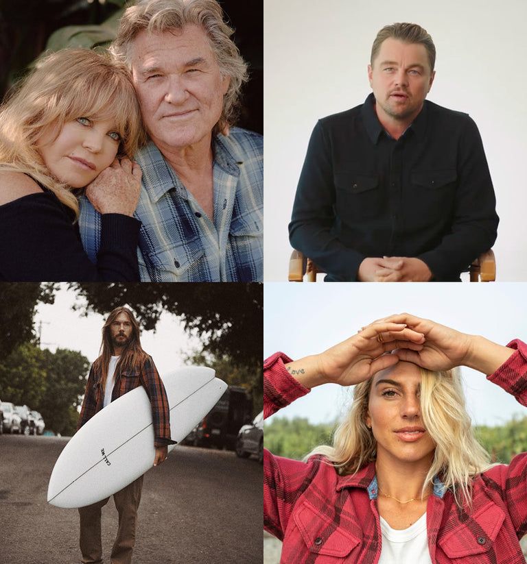 Collage of four celebrities all wearing the Outerknown blanket shirt