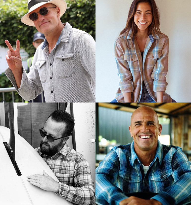 Collage of four people wearing blanket shirts in various settings.