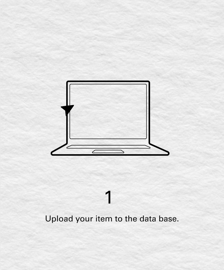 Illustration of a laptop with the text: 1, Upload your item to the data base.