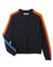Black sweater with rainbow stripes on sleeves against a white background