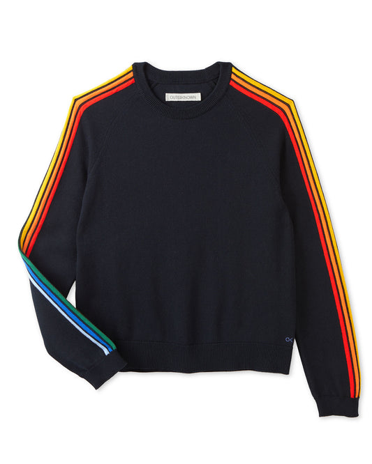 Black sweater with rainbow stripes on sleeves against a white background