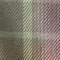 Close-up of a fabric with a plaid pattern in green, brown, and purple