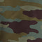Camouflage pattern fabric swatch in green, brown, and beige colors.