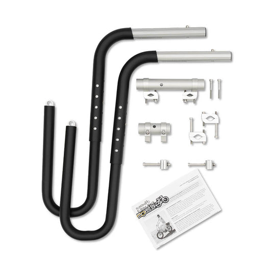 Motorcycle exhaust pipes and related parts on a white background