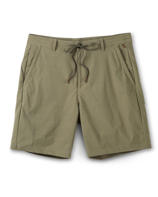 Khaki shorts with a drawstring on a white background