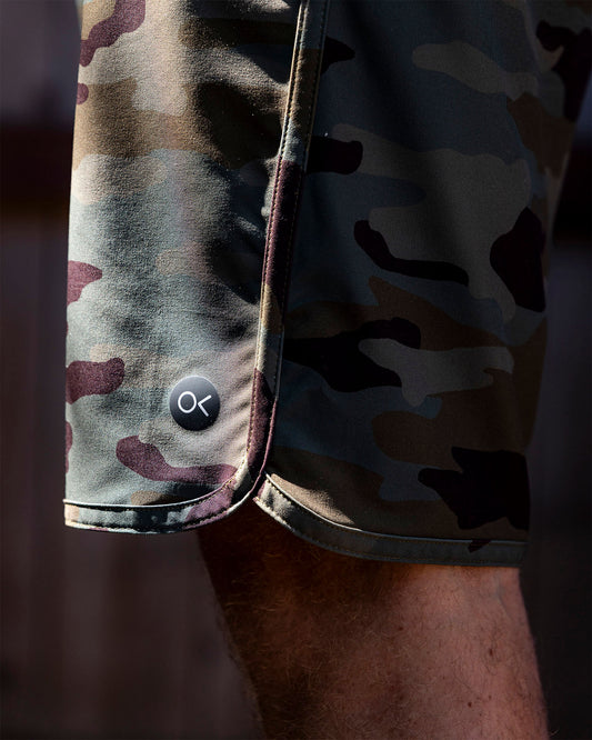 Camouflage-patterned boardshorts with a button on a dark background