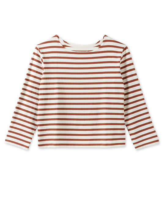 Striped long-sleeve shirt with brown and white stripes on a white background