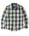 Blue, green, and beige plaid shirt with a visible brand label on a white background