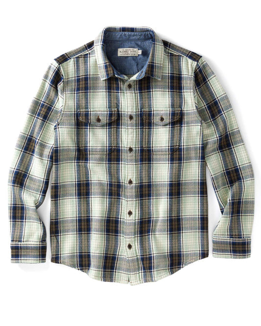 Blue, green, and beige plaid shirt with a visible brand label on a white background