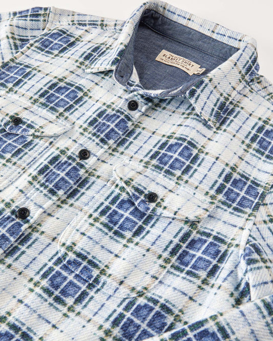 Closeup of blue and white plaid blanket shirt.
