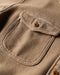 Close-up of olive-brown blanket shirt chest pocket and brown button placket