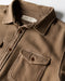 Close-up of olive-brown blanket shirt collar, buttons, and label tag