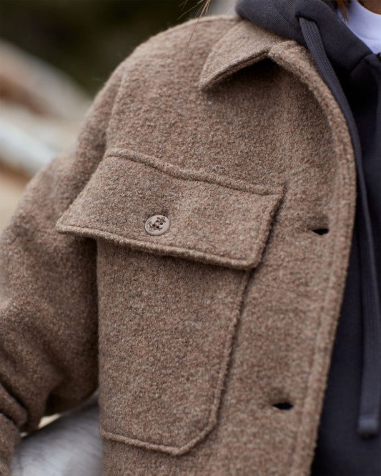 Close-up of a brown coat with a pocket and button detail.