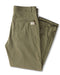 Olive green pants with a brand label on a white background