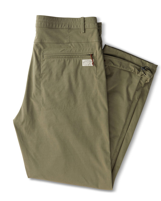 Olive green pants with a brand label on a white background