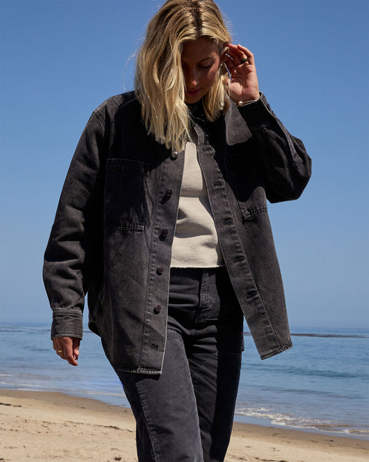 Person wearing a dark jacket and jeans walking on a beach with clear blue sky.